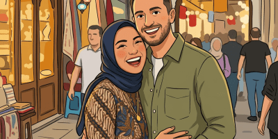 Smiling couple standing inside a crowded Grand Bazaar market